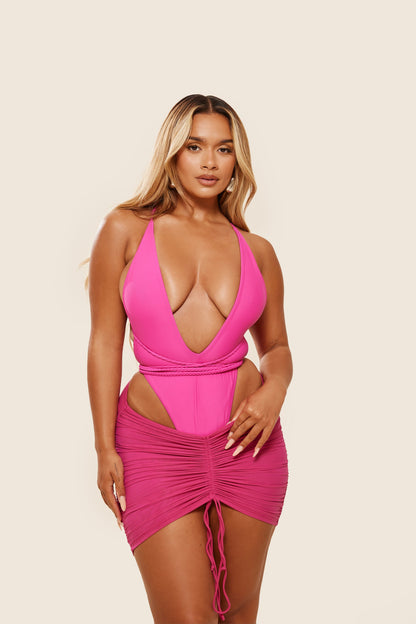 Mesh Ruched Coverup Skirt in Fuchsia