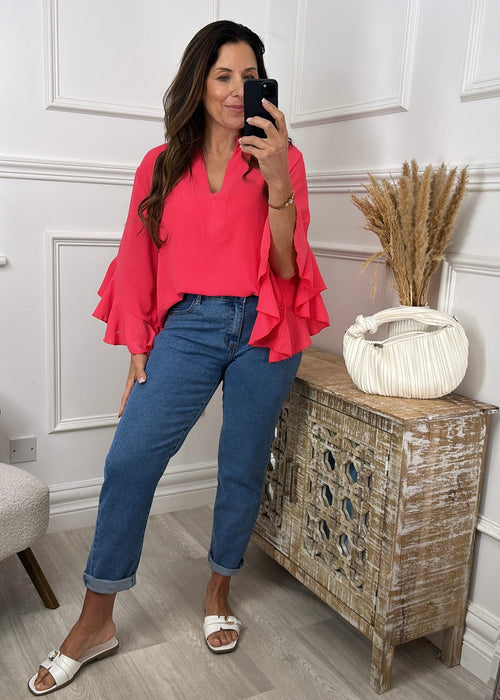 Ayda Coral Ruffle Sleeve Top