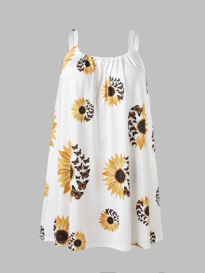 🌻 Plus Size Sunflower Print Sleeveless Wrap Dress