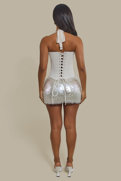 The Shimmi Sequin Micro Mini Skirt in Cream Pearl