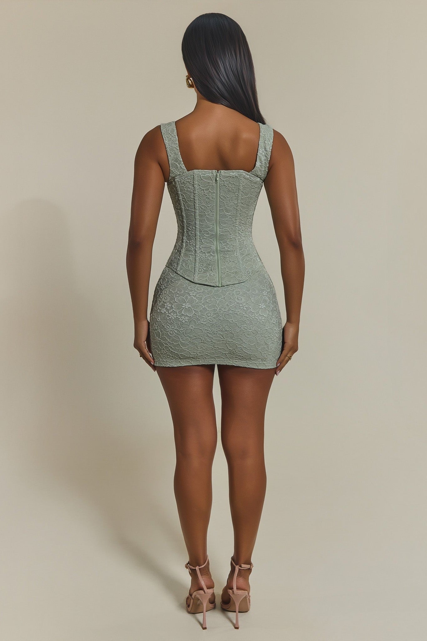 The Cinched Lace Corset Mini Skirt Set in Sage Green