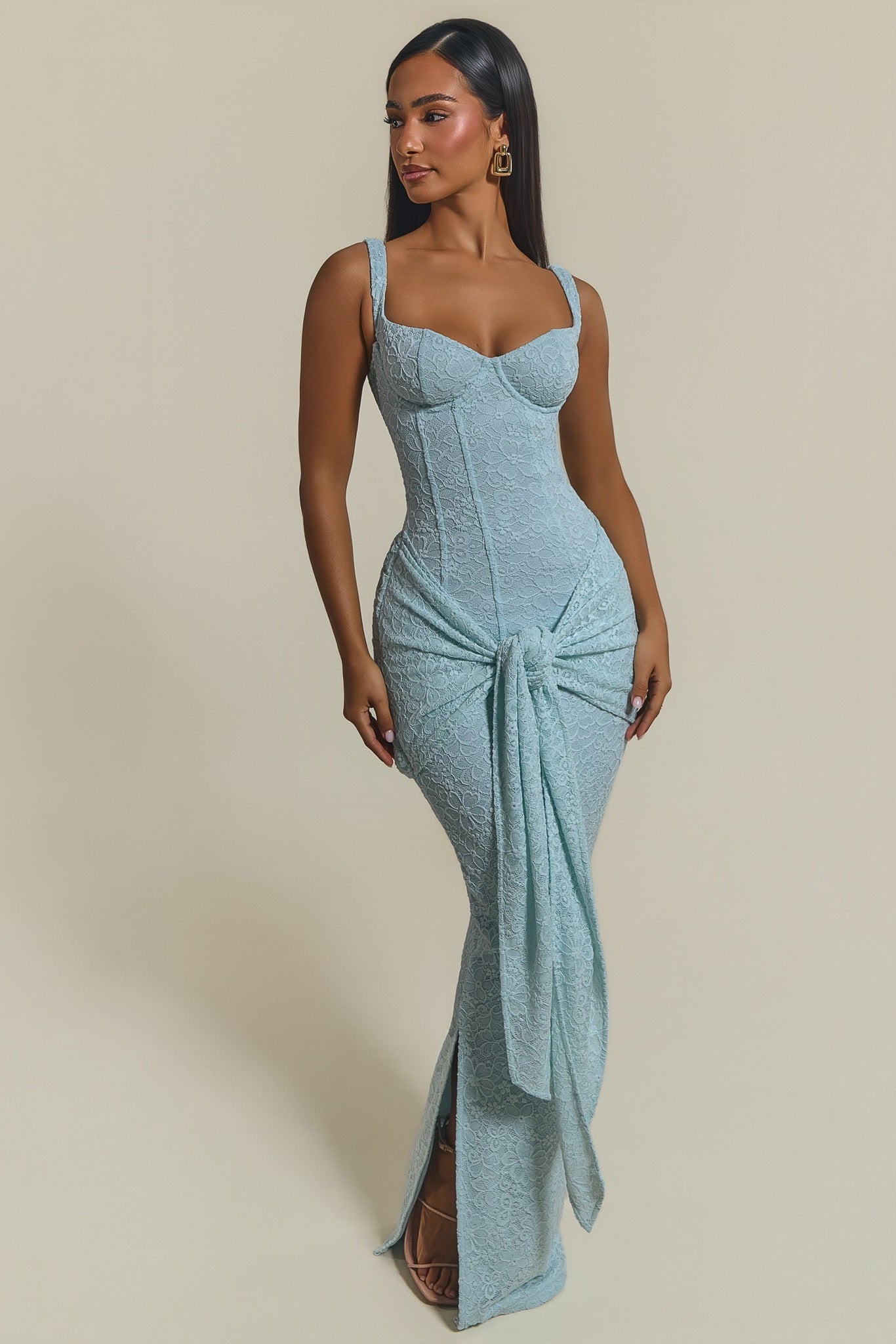 The Lace Tie Front Maxi Dress in Light Blue