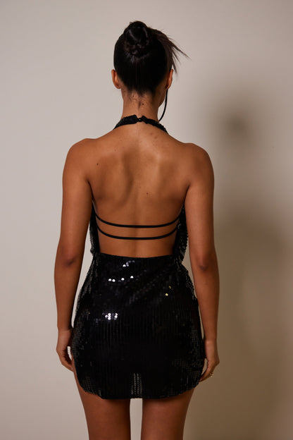 The deep cowl sequin mini- Black sequin