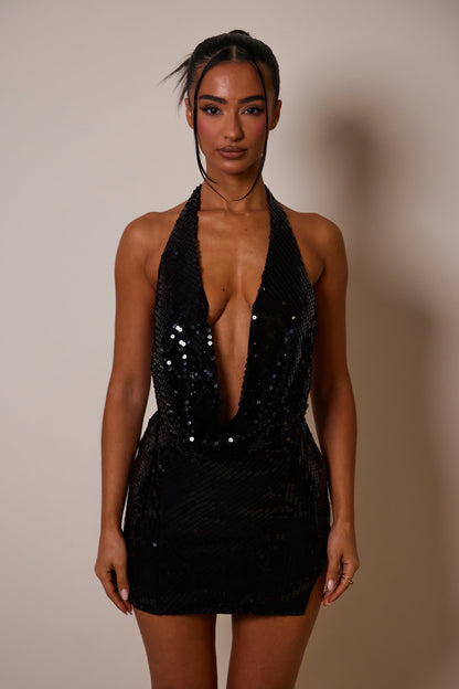 The deep cowl sequin mini- Black sequin