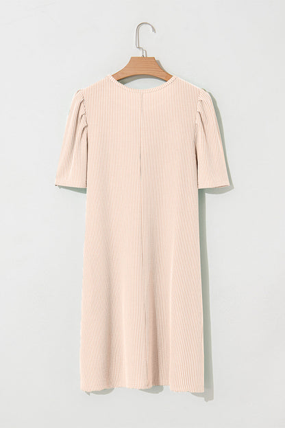 Bright Pink Corded Crew Neck Puff Sleeve Mini Dress