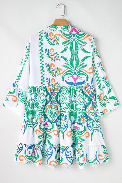 Green Tribal Bracelet Sleeve Buttoned Mini Dress