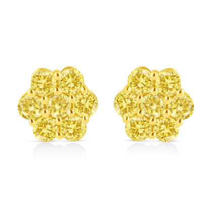 .925 Sterling Silver 1/4 Cttw Treated Yellow Diamond Floral Stud Earrings (Yellow Color, I1-I2 Clarity)