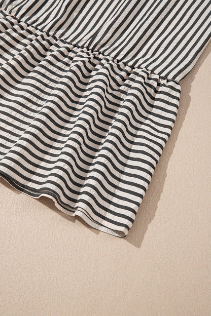 Black Stripe Scallop Trim Shirt Collar Half Button 3/4 Sleeve Long Dress