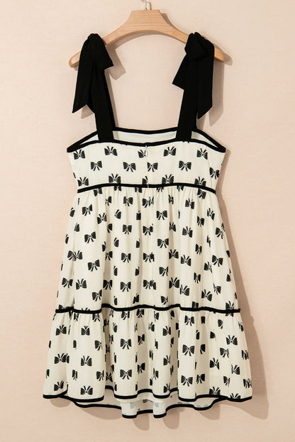 White Bow Contrast Trim Knotted Shoulder Mini Dress