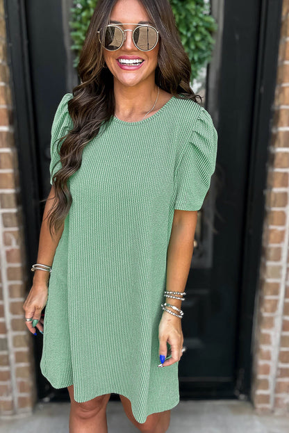 Bright Pink Corded Crew Neck Puff Sleeve Mini Dress