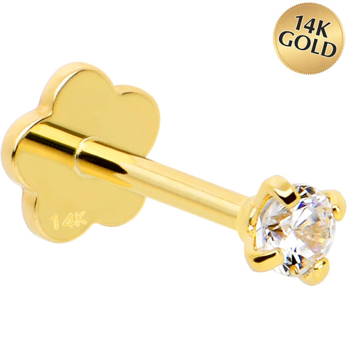 14k Yellow Gold Flat Back Earring 20G 2mm CZ Floral Reversible