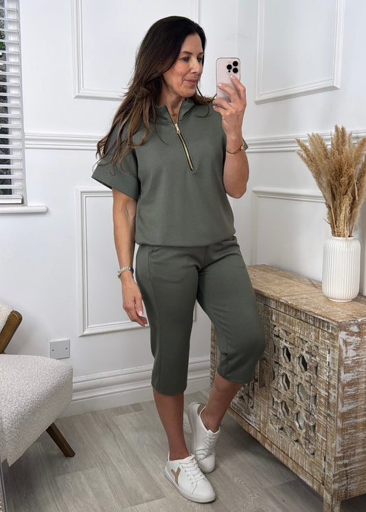 Una Khaki Half Zipper Set