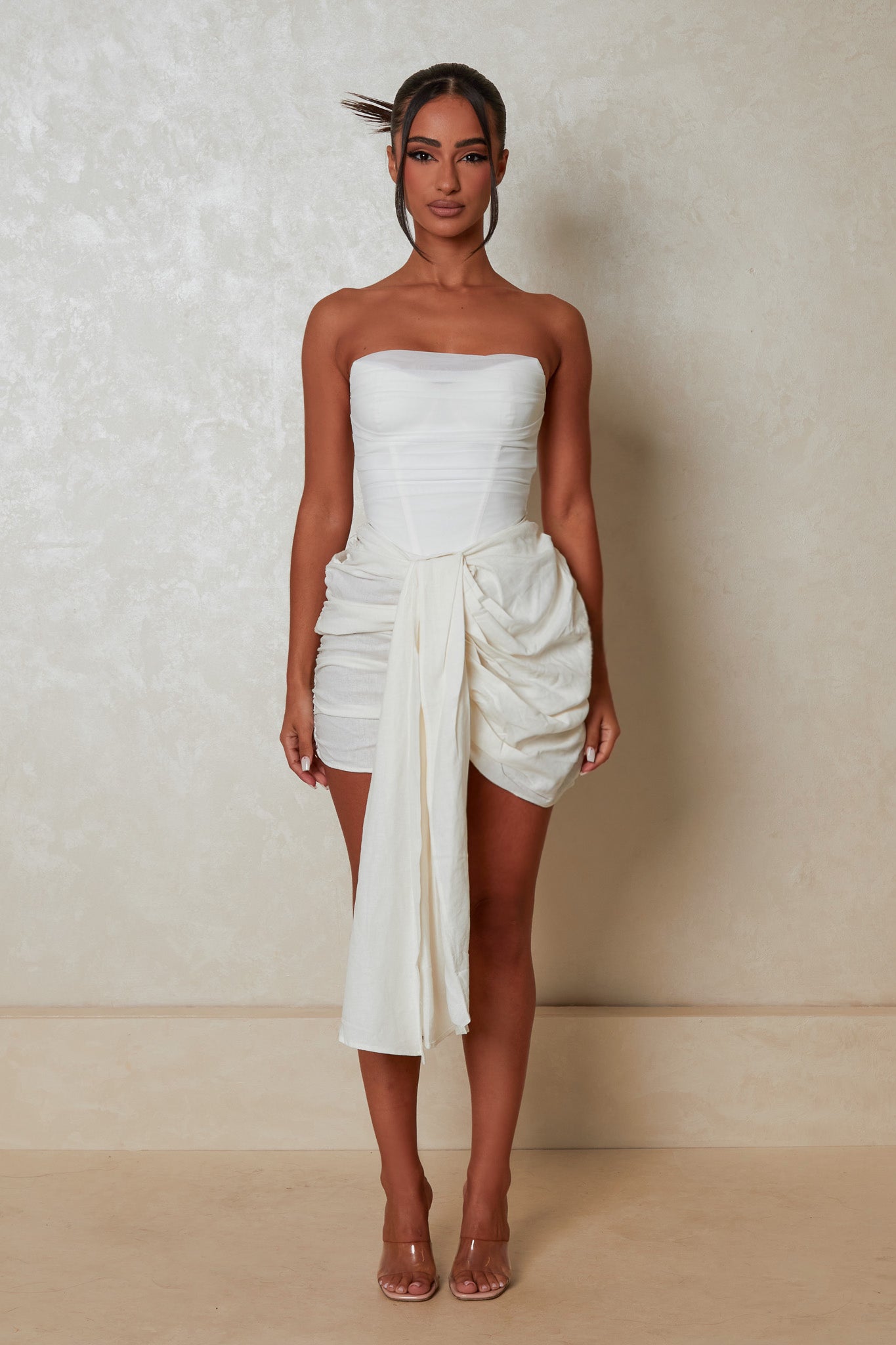 The Tie Ruched Skirt in Cream Linen