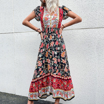 Bohemian Beach Dress Summer Rayon Viscose Ladies Fashion Flower Printed Vestidos Clothing Women Vintage Boho Floral Casual Dress