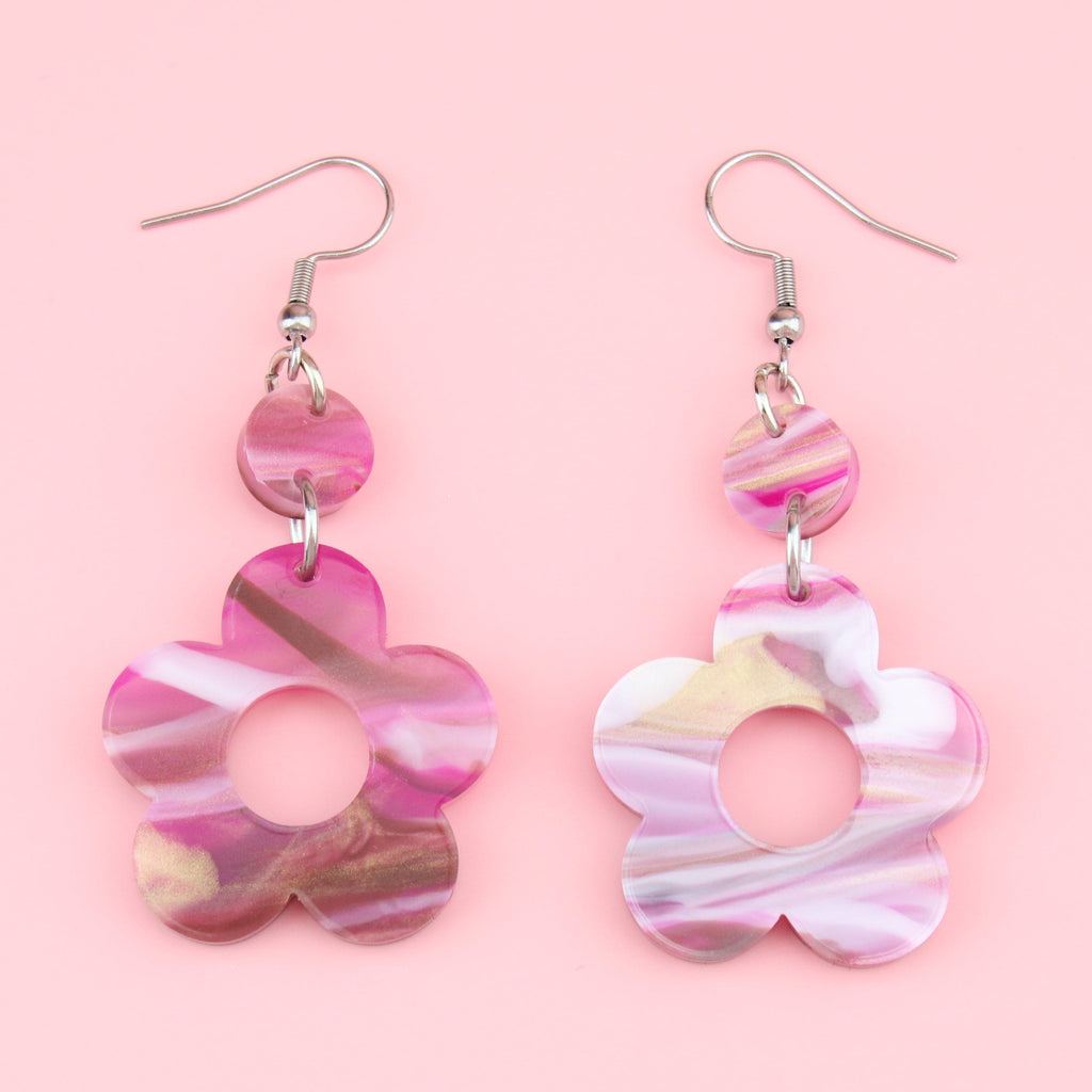 Magenta Marble Flower Power Earrings