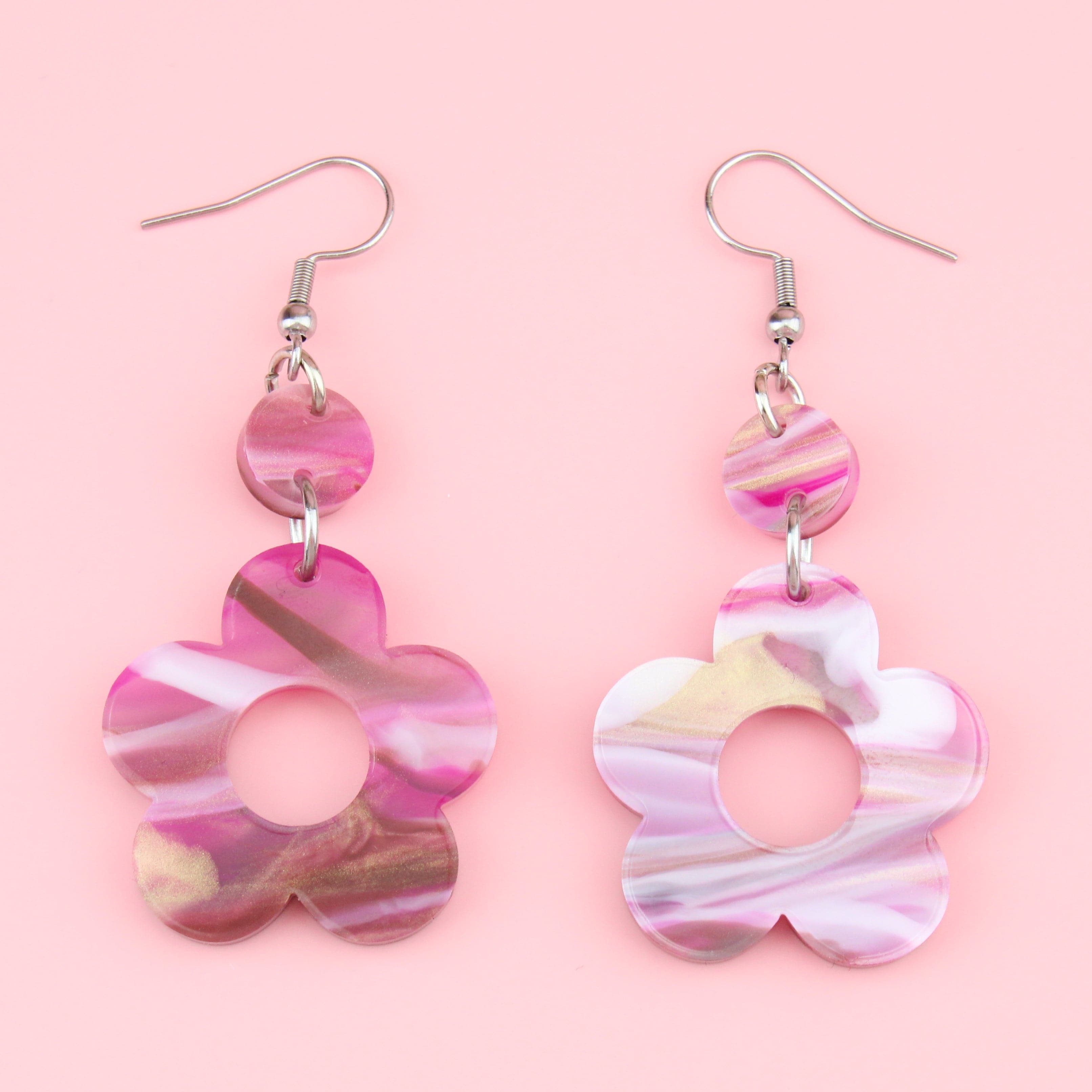 Magenta Marble Flower Power Earrings