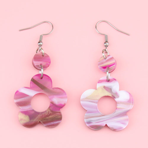 Magenta Marble Flower Power Earrings