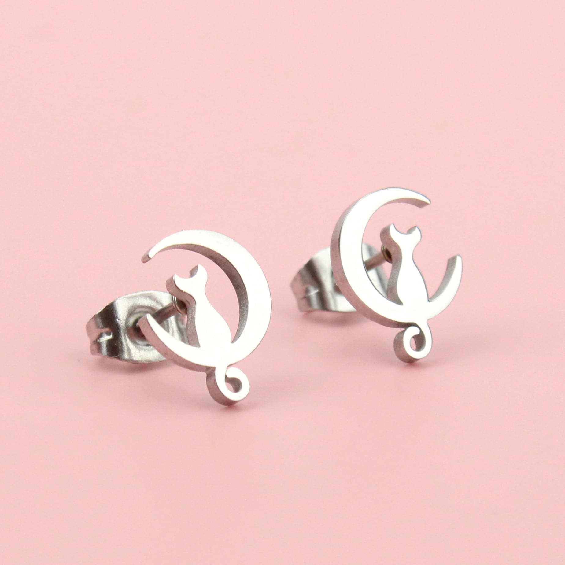 Mini Cat On The Moon Stud Earrings