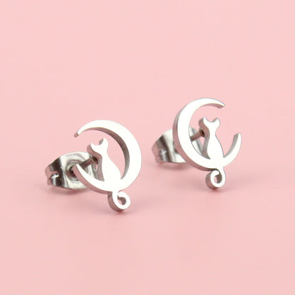 Mini Cat On The Moon Stud Earrings