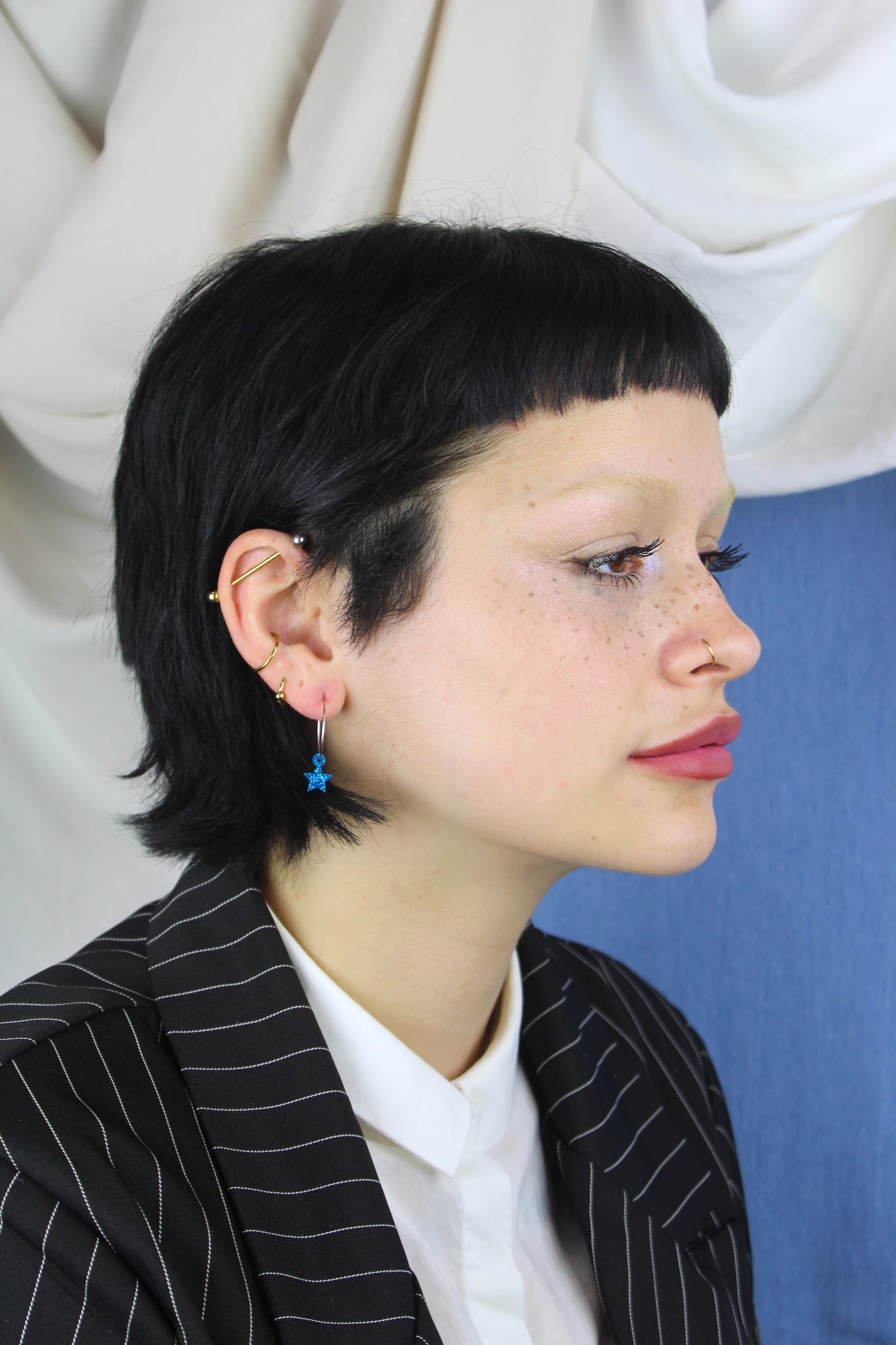 Mini Blue Glitter Star Hoop Earrings