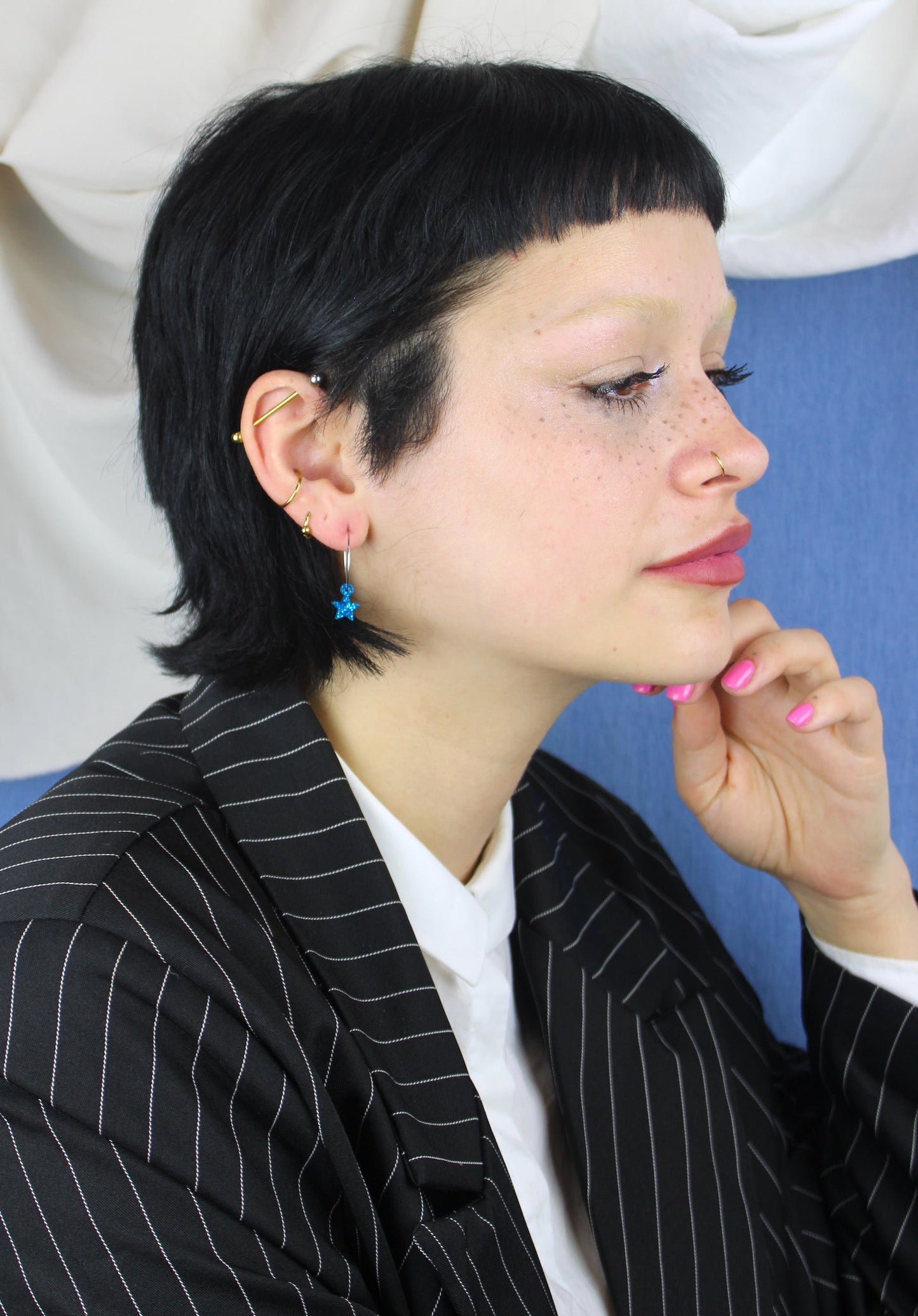 Mini Blue Glitter Star Hoop Earrings