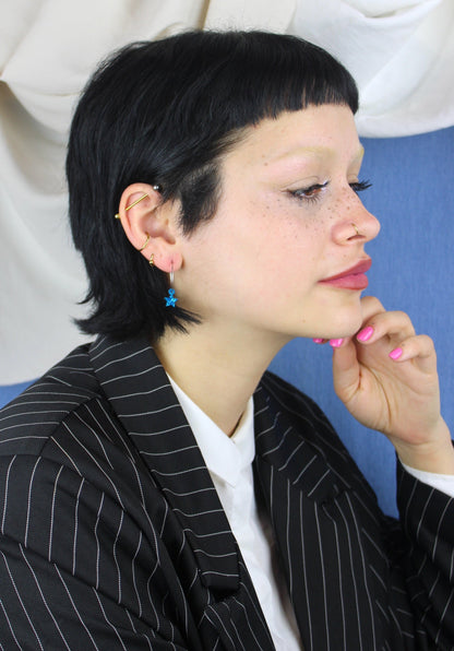 Mini Blue Glitter Star Hoop Earrings