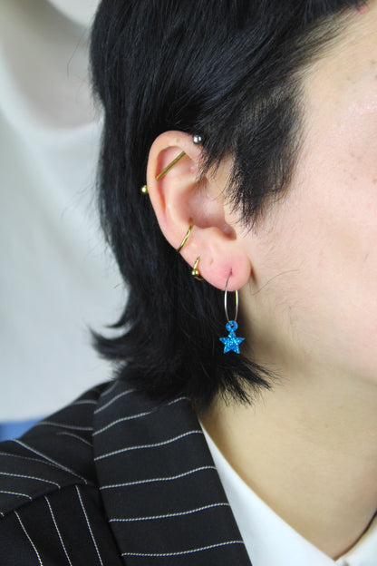 Mini Blue Glitter Star Hoop Earrings