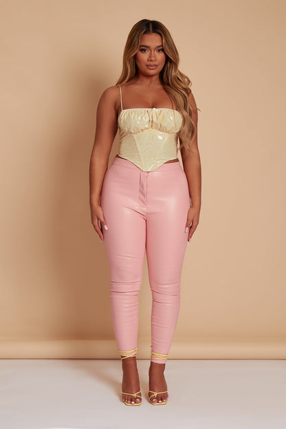 Pastel Yellow PU Floral Crop Top