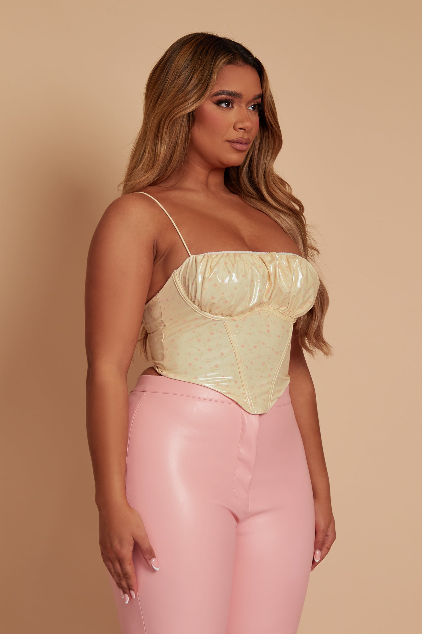 Pastel Yellow PU Floral Crop Top