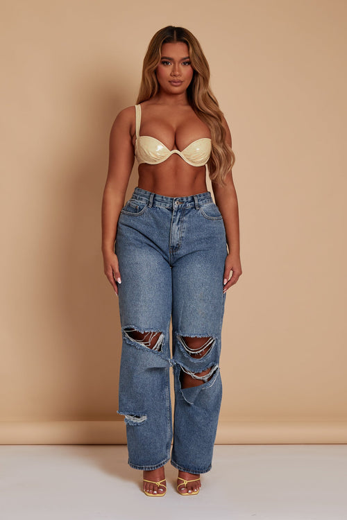 Pastel Yellow PU Floral Bra