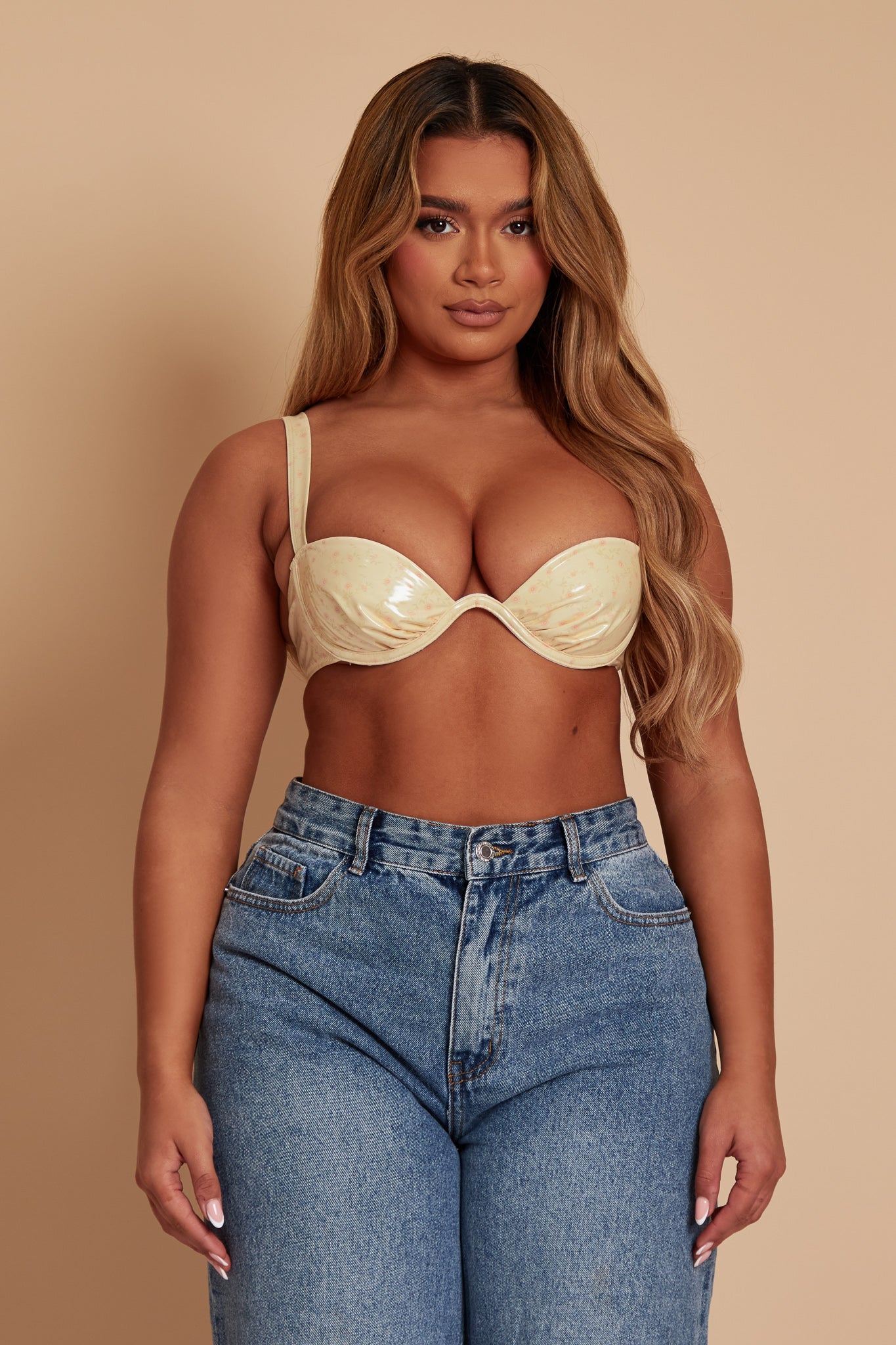 Pastel Yellow PU Floral Bra