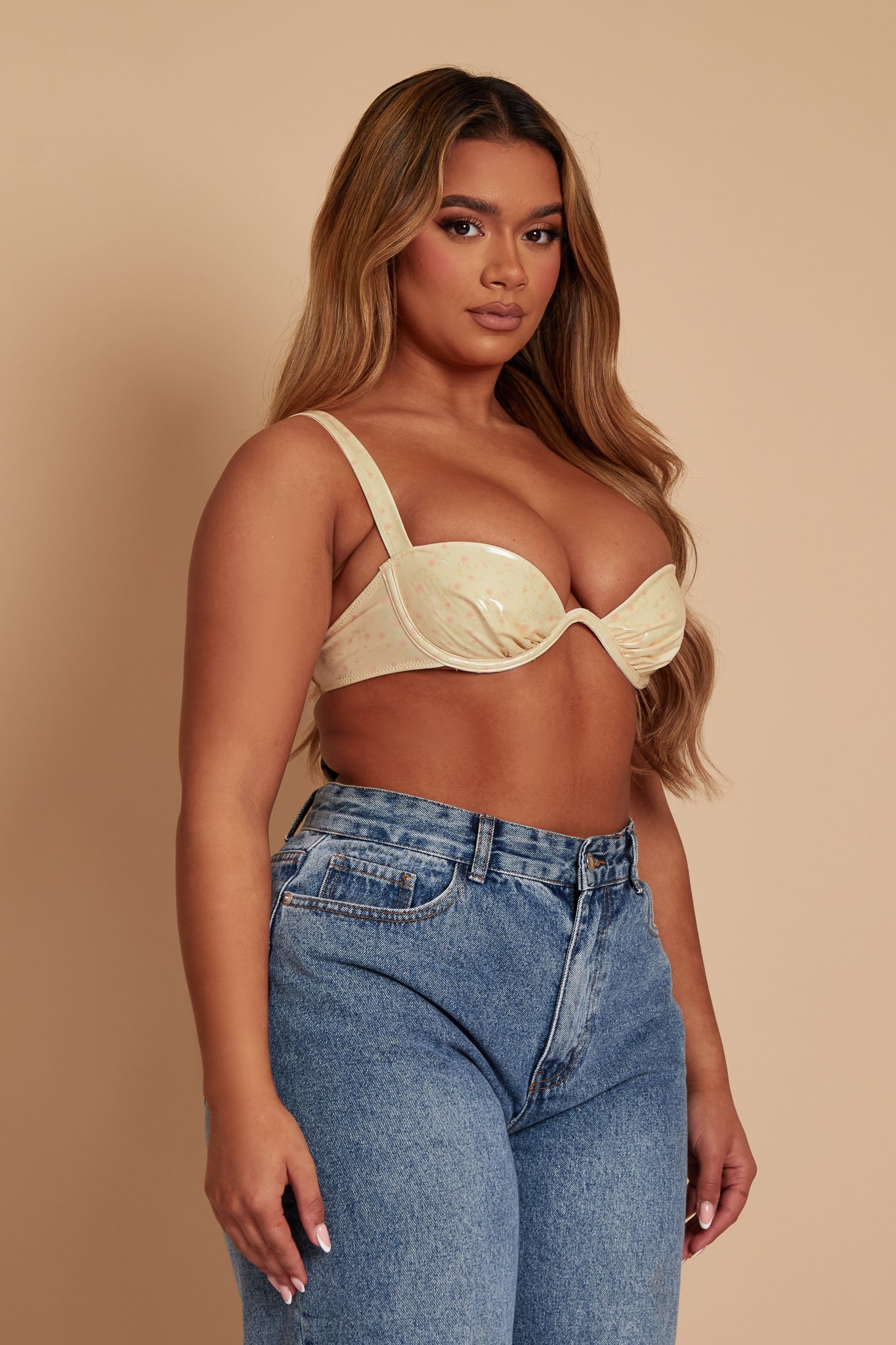 Pastel Yellow PU Floral Bra