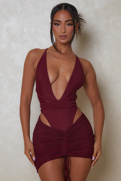 Mesh Ruched Coverup Skirt in Wine
