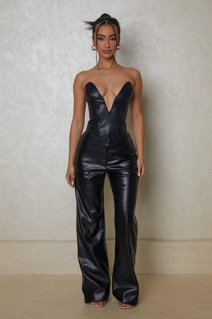 The Deep Cut Leather Corset in Black