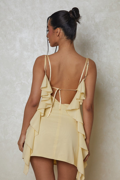 The Cowl Neck Ruffle Mini Dress in Yellow