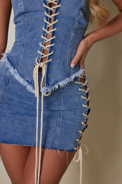 The Denim Lace Up Skirt in Dark Wash