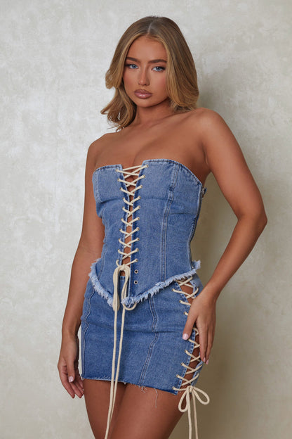 The Denim Lace Up Skirt in Dark Wash