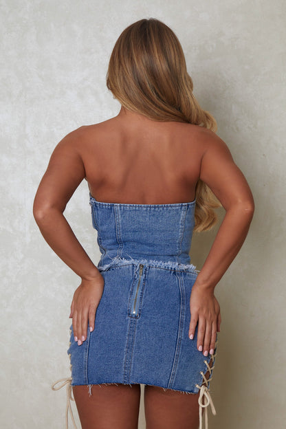 The Denim Lace Up Skirt in Dark Wash