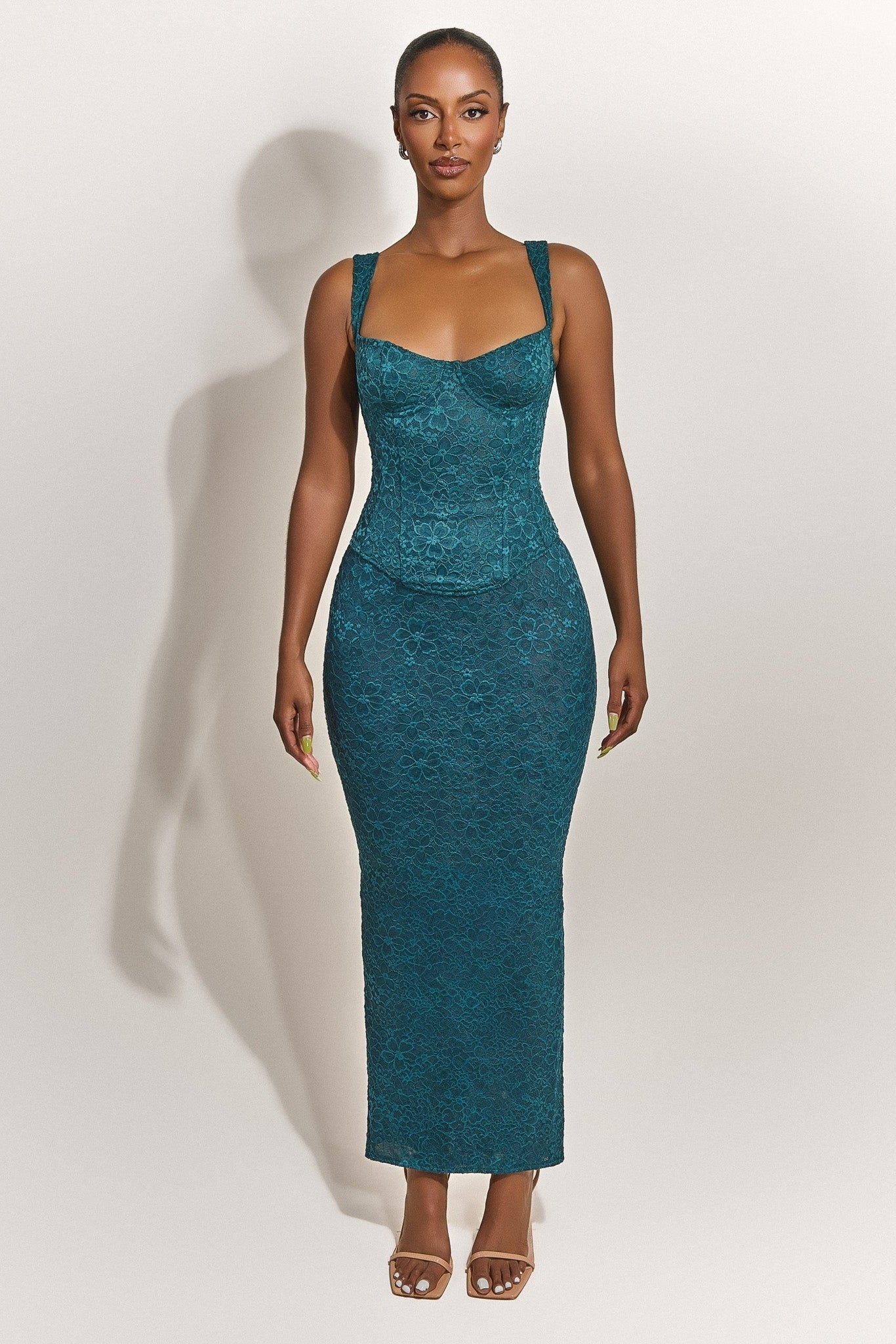 The Cinched Lace Maxi Skirt in Teal