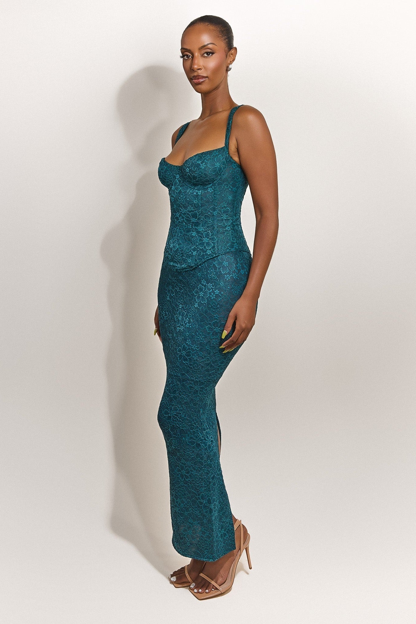 The Cinched Lace Maxi Skirt in Teal