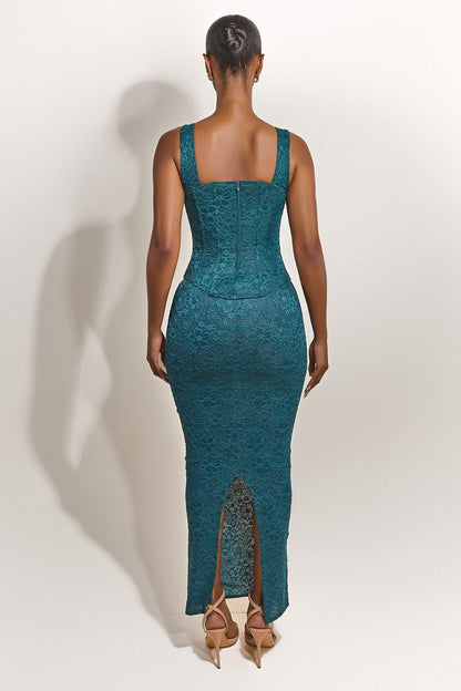 The Cinched Lace Maxi Skirt in Teal