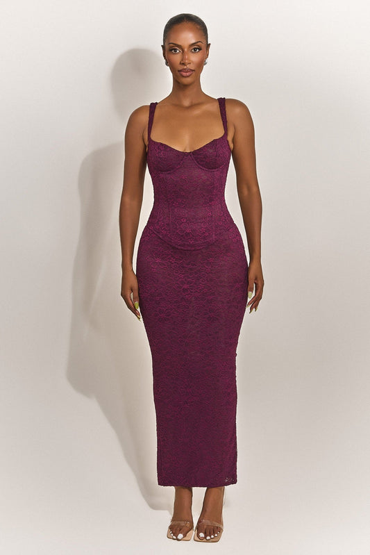 The Cinched Lace Maxi Skirt in Plum
