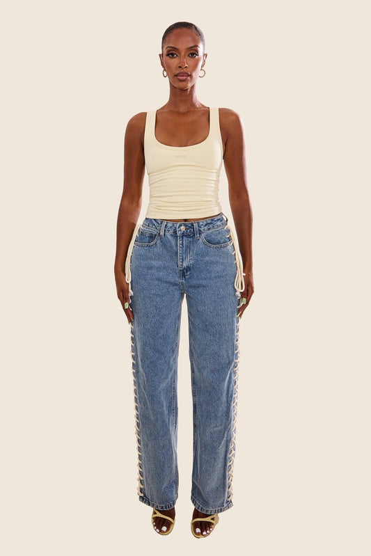 The Denim Lace Up Jeans in Dark Wash