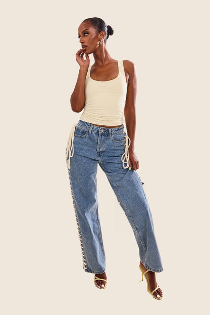 The Denim Lace Up Jeans in Dark Wash