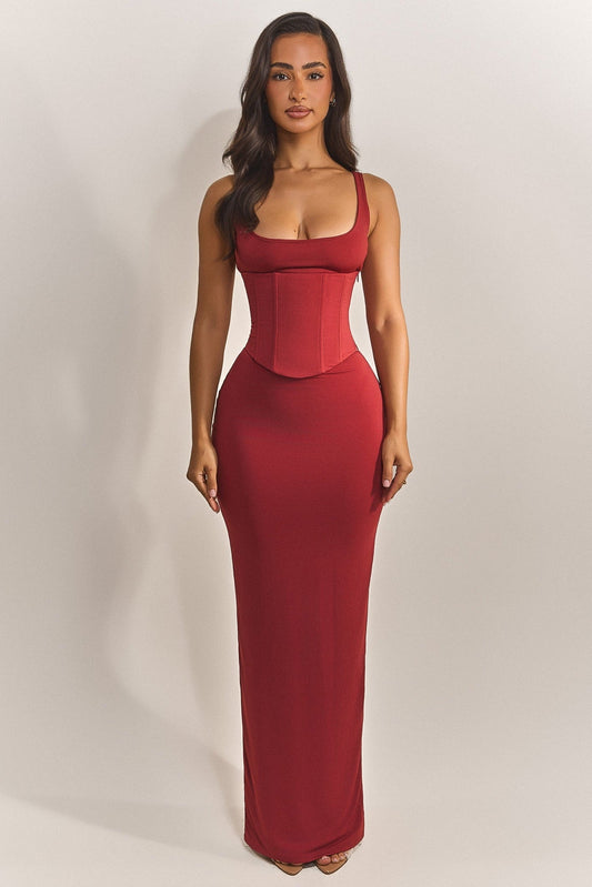 The Sandra Scoop Corset Maxi Dress in Red