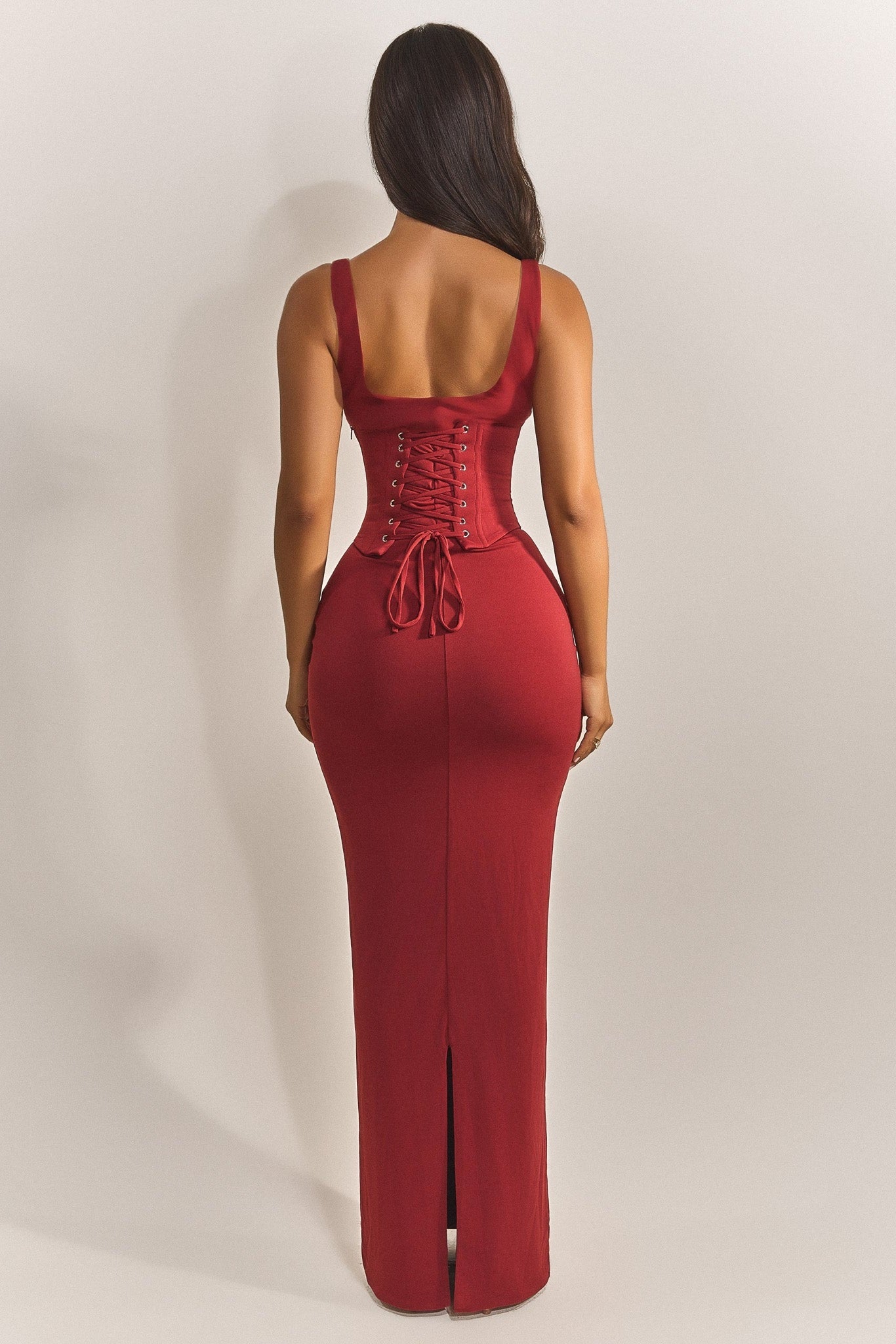 The Sandra Scoop Corset Maxi Dress in Red