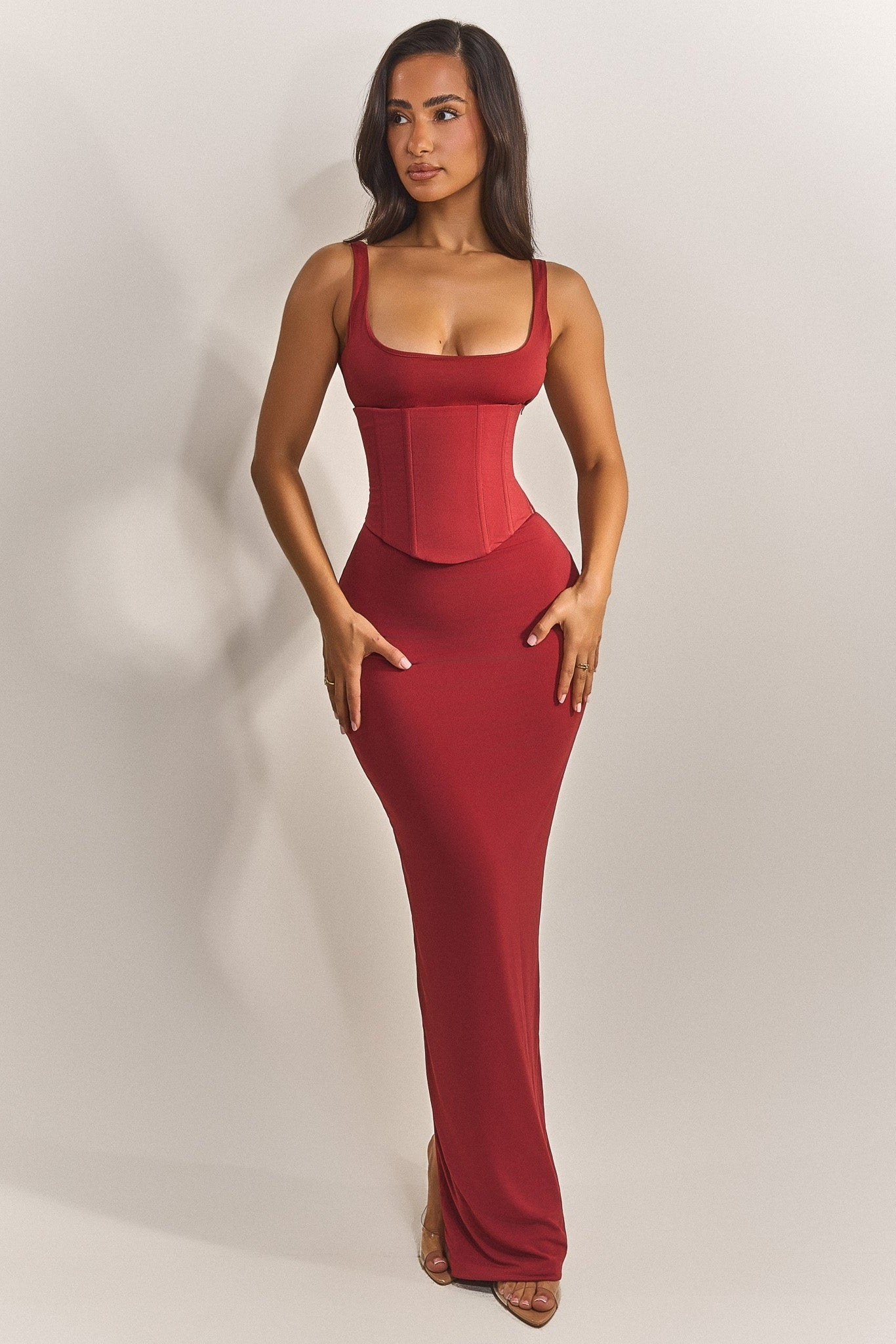 The Sandra Scoop Corset Maxi Dress in Red