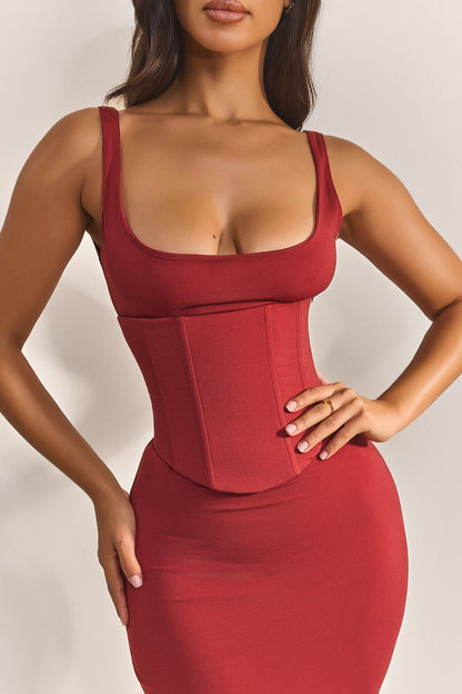 The Sandra Scoop Corset Maxi Dress in Red
