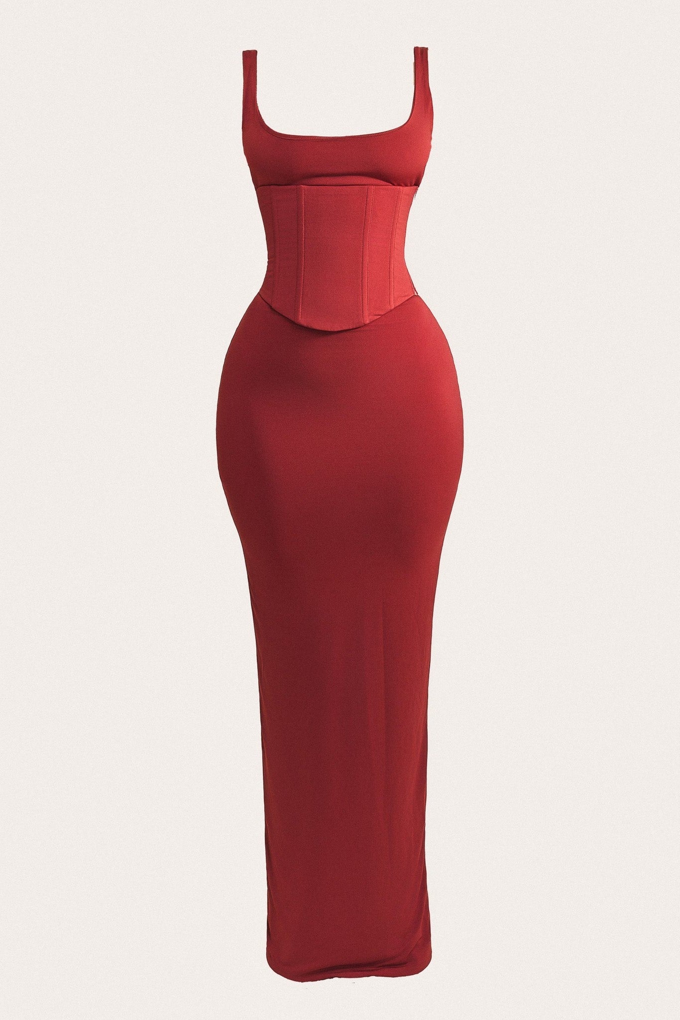The Sandra Scoop Corset Maxi Dress in Red