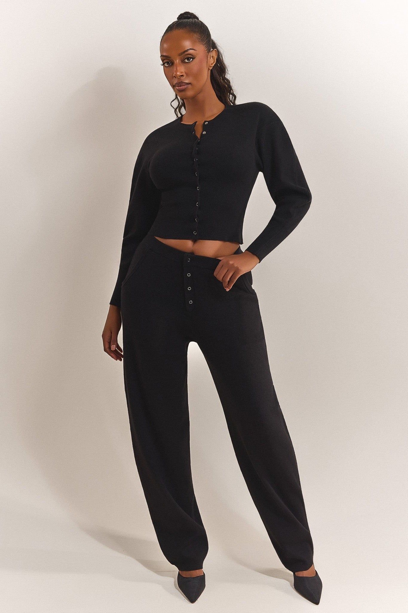 The Knit Button Up Joggers in Black